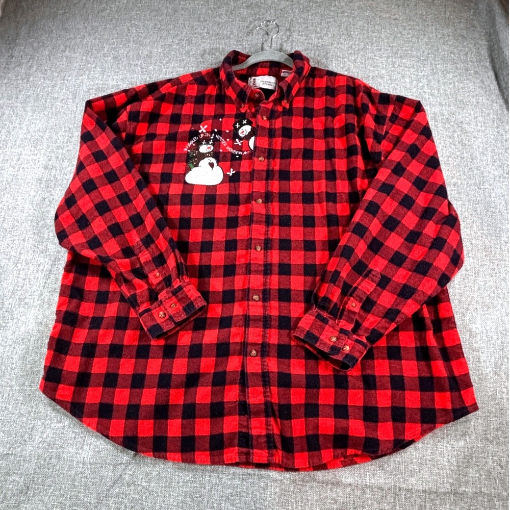 Lighthouse Apparel Flannel Shirt Snowman Plaid Red Black Women XXL Button Down